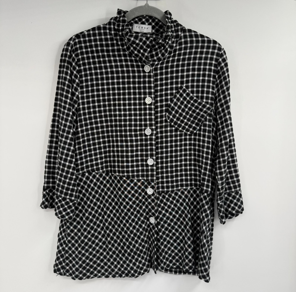 Terra SJ Apparel Gingham Tunic Shirt Womens S Black White Patchwork Wire Collar